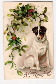 Embossed Christmas Postcard: Seated Dog, Holly & Mistletoe, 'A Glad Christmas', PM 1909