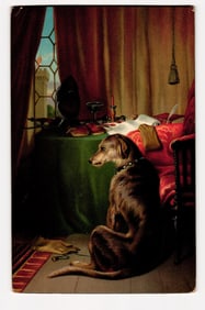 Color Lithograph Postcard: E. Landseer "High Life" Dog in Interior Scene, London, Series 852