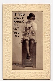 1910 F. Bluh Copyright Woman with Hammer "IF YOU WONT KNOCK I'LL LET YOU IN" Embossed Postcard