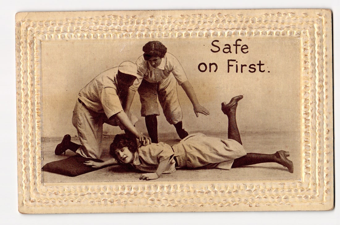 "Safe on First" Embossed Postcard Depicting a Baseball-Themed Scene with Three Figures, c. 1910s. (1 of 2)