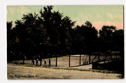 Barre, Vt. City Playground with figures, bicycles, and fenced court; 1911 postmark postcard