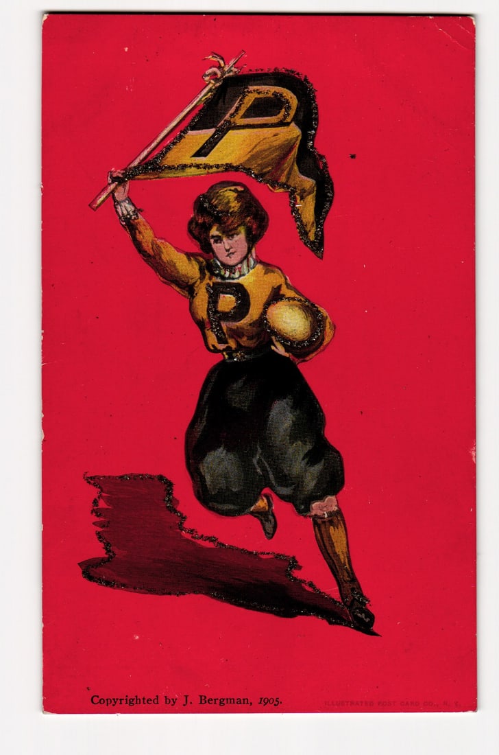 Female Figure with 'P' Pennant & Football, J. Bergman Copyright 1905 Illustrated Postcard: An illustration on a red background depicts a female figure in motion, running towards the left. She holds a football under her left arm and waves a pennant with her right hand. The figure wears a yel