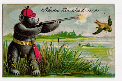 Comic Postcard: Anthropomorphic Bear Hunter, "Never touched me", Shoots Bird, Embossed Design