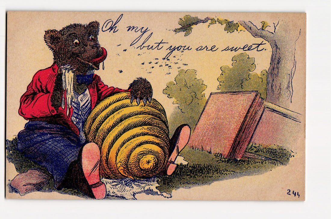 Illustrated postcard: Anthropomorphic bear with beehive, "Oh my... but you are sweet." Series 244: This color illustrated postcard features an anthropomorphic black bear seated on the ground, facing left. The bear wears a red jacket with rolled-up sleeves, blue trousers, and a white and blue patter