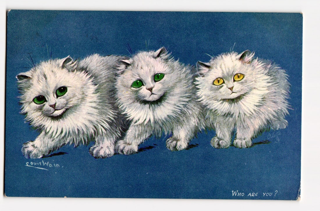 Louis Wain "Who Are You?" Three Fluffy White Cats Anthropomorphic Illustration Postcard (1 of 2)