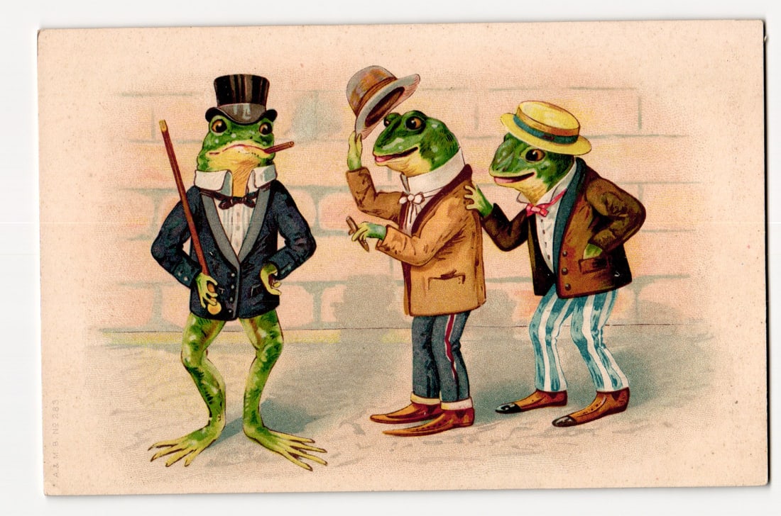 Anthropomorphic Frogs in Formal Attire, Cigar Smoking, Illustrated Postcard N° 283 A & M. B.: An illustration shows three anthropomorphic frogs. The frog on the left, facing forward, wears a black tuxedo, white collared shirt with a bow tie, a black top hat, smokes a cigar held in its right we