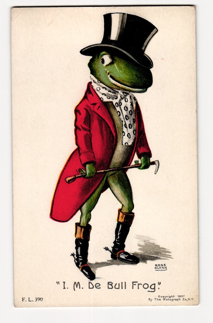 Anthropomorphic Bull Frog in Top Hat & Red Coat, "I. M. De Bull Frog" Comic Postcard, c. 1907 (1 of 2)