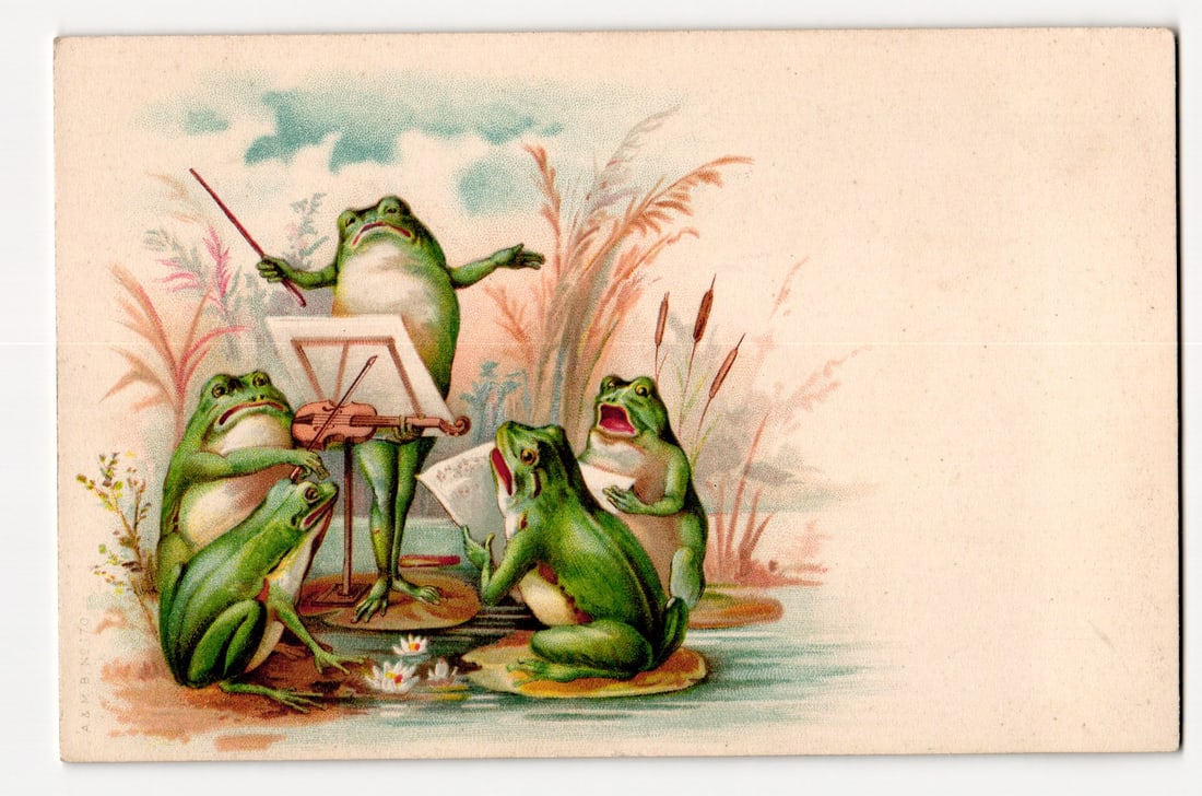 Frog Orchestra Chromolithograph Postcard: Conductor & Musicians with A.L.K. N.Y. 70. Mark: An illustration depicts an orchestra of five anthropomorphic green frogs with white undersides, set against a backdrop of water, reeds, cattails, and water lilies under a pale blue sky with light clou