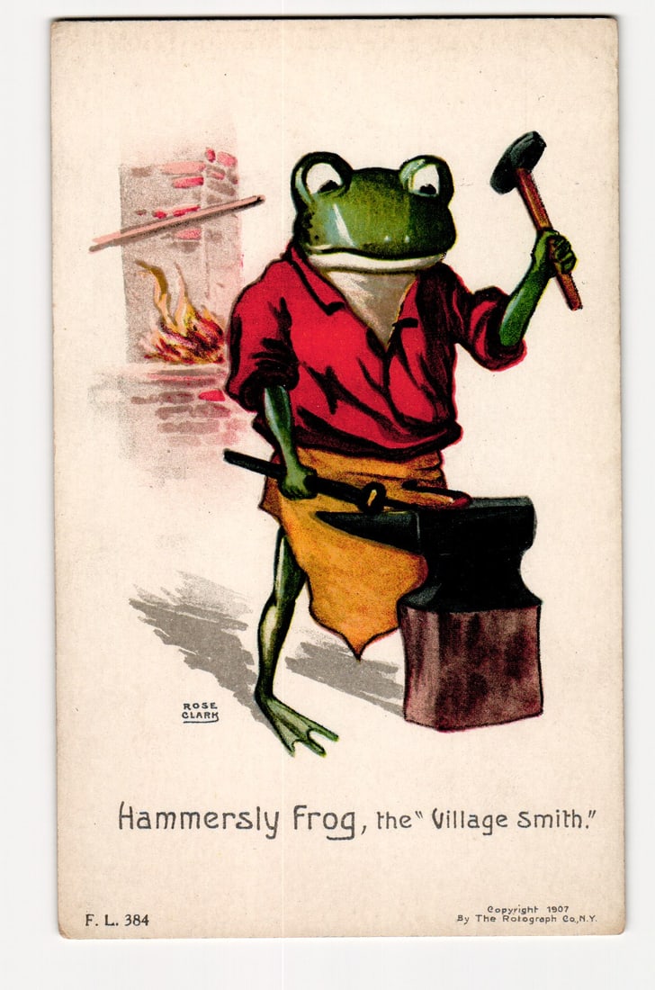 Hammersly Frog, the "Village Smith," Anthropomorphic Blacksmith Postcard, 1907 Rose Clark Art (1 of 2)