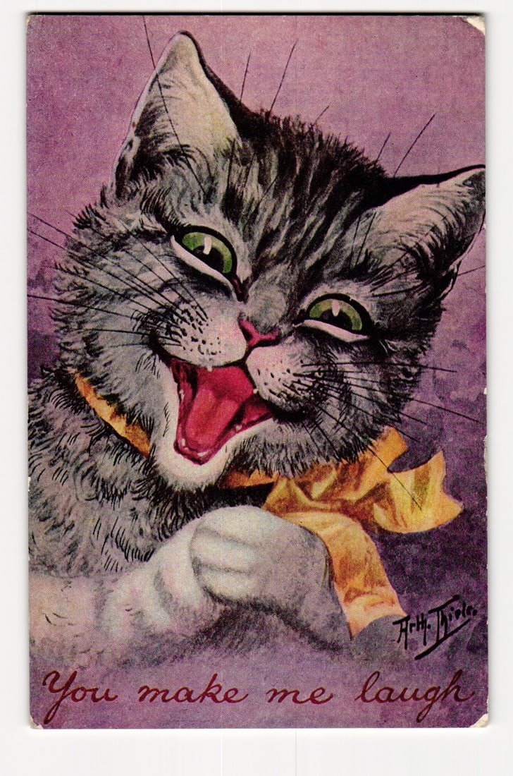 Arthur Thiele Illustrated Laughing Cat Postcard, "You make me laugh", Yellow Bow, Purple Hue: An illustration depicts a close-up view of a grey and white tabby cat with bright green eyes and an open mouth, appearing to laugh, revealing a pink tongue and palate. The cat has prominent white whis
