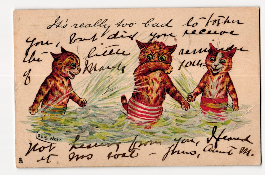 Louis Wain "Kute Kissee" Series Cats Swimming Anthropomorphic Illustrated Postcard c. 1909 (1 of 2)