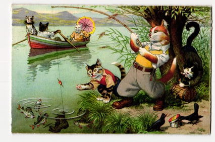 Max Künzli Anthropomorphic Cats Fishing, Illustrated Postcard, Canaan NH 1952 Postmark
