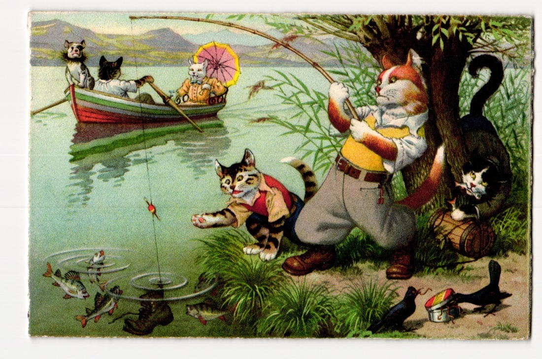 Max Künzli Anthropomorphic Cats Fishing, Illustrated Postcard, Canaan NH 1952 Postmark (1 of 2)