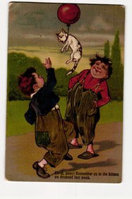 Illustrated Postcard: Boys, Cat on Balloon, Kitten Drowning Text, Palmyra PA 1913 Postmark