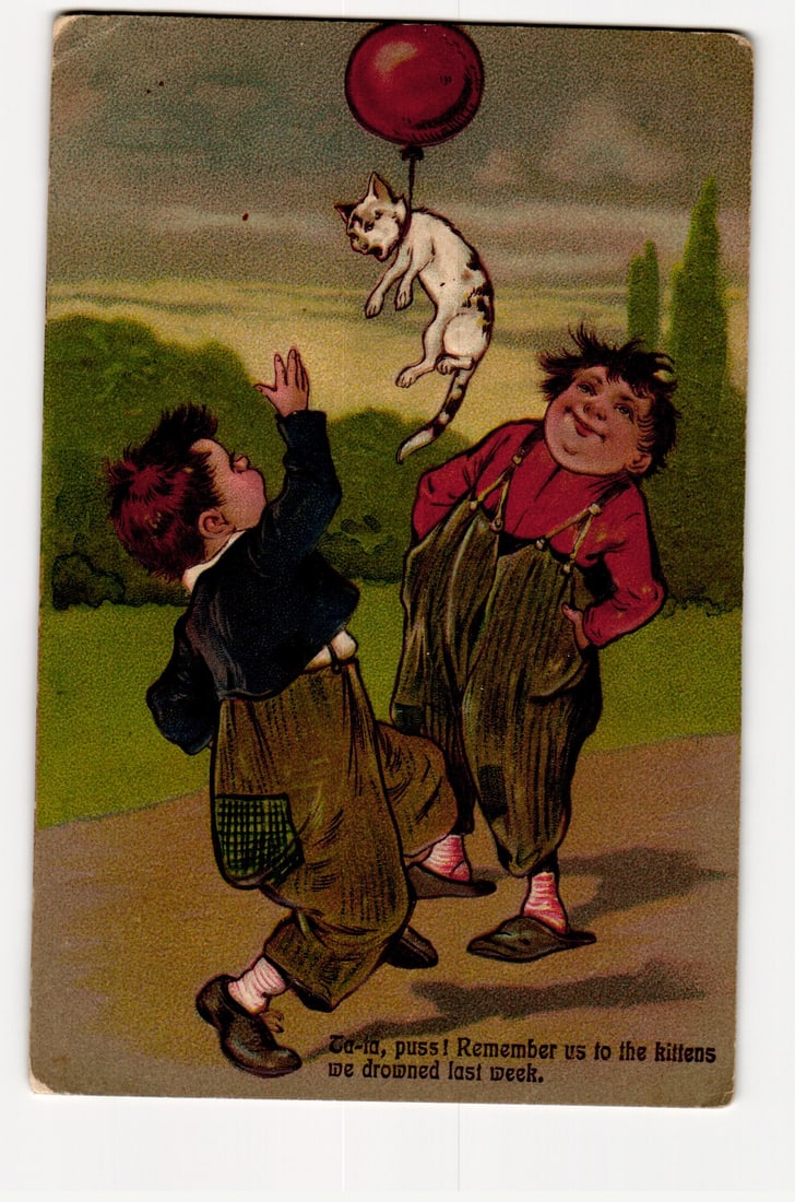 Illustrated Postcard: Boys, Cat on Balloon, Kitten Drowning Text, Palmyra PA 1913 Postmark: A color illustration depicts two young boys looking upwards at a cat attached to a red balloon. The boy on the left, with tousled reddish-brown hair, wears a dark blue jacket over a light-colored shir
