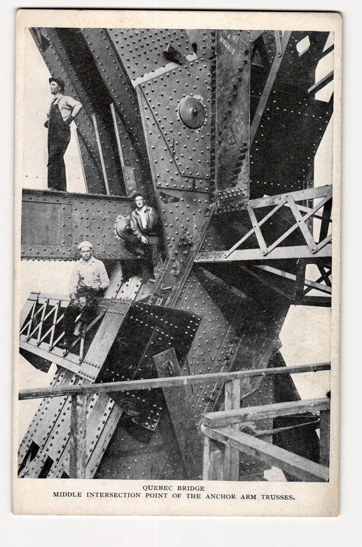 Quebec Bridge Postcard: Workers at Middle Intersection Point of Anchor Arm Trusses, Montreal (1 of 2)