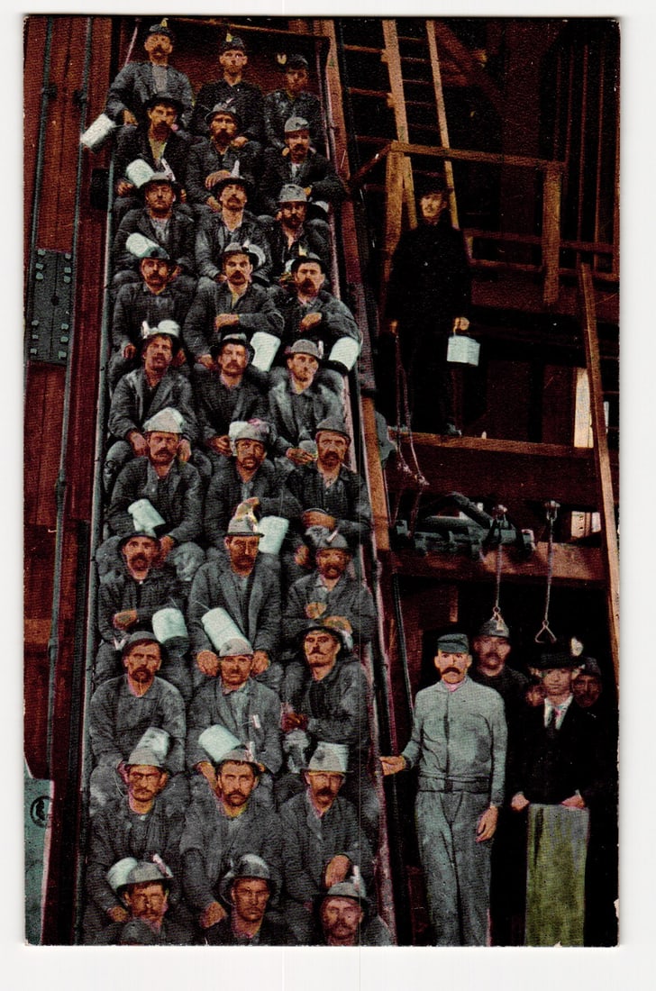 Miners in Elevator Cage, Calumet, Michigan, Early 20th Century Colorized Printed Postcard (1 of 2)