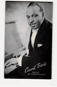 Count Basie at Piano, Mutoscope Card, Courtesy Music Corporation of America, B&W Postcard
