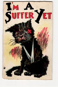 Illustrated Postcard: Injured Black Cat with Sling and Bandage, 'I'M A SUFFER YET' Caption
