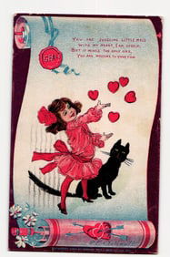 R.F. Outcault Valentine postcard Girl Juggling Hearts, Black Cat, Raphael Tuck & Sons, c. 1904