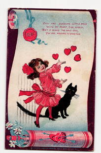 R.F. Outcault Valentine postcard Girl Juggling Hearts, Black Cat, Raphael Tuck & Sons, c. 1904: An illustration depicts a young girl with dark hair adorned with a large red bow, wearing a short-sleeved red dress with a matching sash, red stockings, and black shoes. She is shown in a dynamic pose
