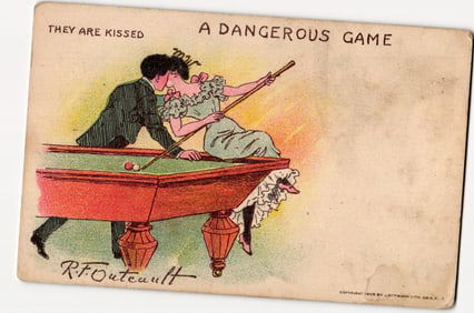 R.F. Outcault Illustration Postcard: "A Dangerous Game" Couple Kissing Over Billiards, 1905