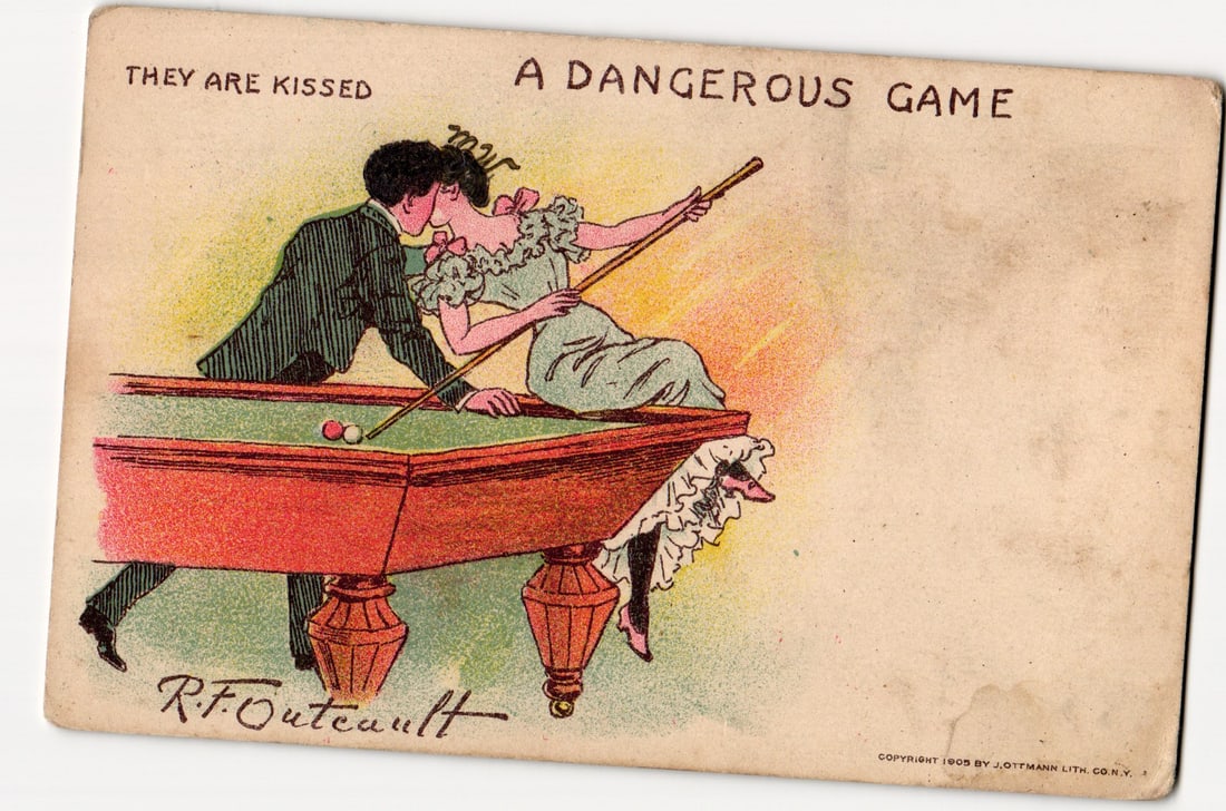 R.F. Outcault Illustration Postcard: "A Dangerous Game" Couple Kissing Over Billiards, 1905 (1 of 2)