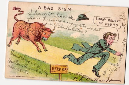 R.F. Outcault "A Bad Sign" Comic Postcard, Man Fleeing Bull, J. Ottmann Litho, 1908 VT PMK