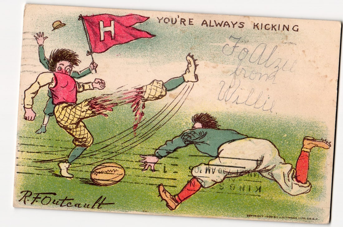 R.F. Outcault "You're Always Kicking" Harvard Football Illustration Postcard, c. 1905-1906 (1 of 2)