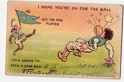 R.F. Outcault 1905 Football Comic Postcard 'He's The Star Player' Spofford NH 1907 Postmark