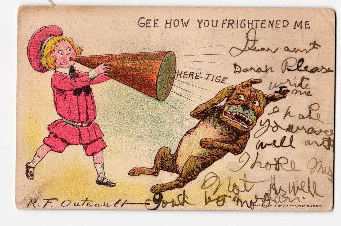 R.F. Outcault Illustration "GEE HOW YOU FRIGHTENED ME" Child & Dog Comic Postcard, 1905: A color illustration features a child in a red two-piece outfit and matching beret-style hat, shouting into a large, conical brown and red megaphone. The child, positioned on the left, has blonde hair