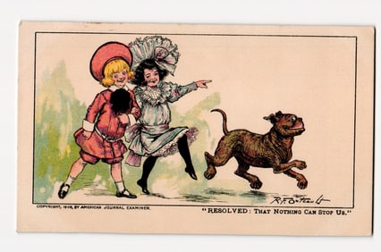 1906 R.F. Outcault Illustrated Postcard: Two Children and Dog, "Nothing Can Stop Us" caption.