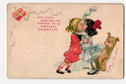 Early 20th Century Valentine Postcard: R.F. Outcault Children Kissing, Dog, Raphael Tuck 1903