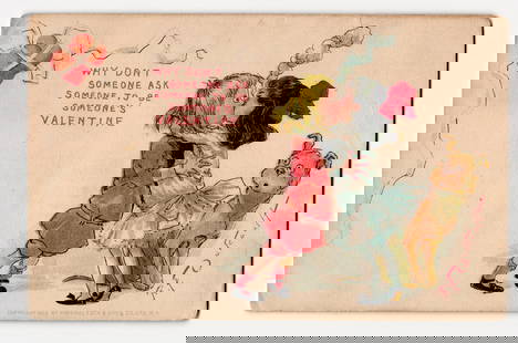 Early 20th Century Valentine Postcard: R.F. Outcault Children Kissing, Dog, Raphael Tuck 1903: The front features a color illustration by R. F. Outcault. Two children are depicted kissing: one, with blonde hair, wears a red belted outfit and black shoes; the other, with dark hair and a red bow,