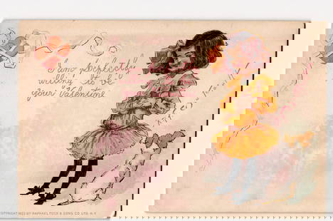 R.F. Outcault Valentine Postcard: Girl, Doll, Dog. Raphael Tuck. 1903 Copyright. Dover NH PM: Illustration depicts a young girl with brown curly hair, wearing a yellow dress with ruffles, a large yellow bow in her hair, black stockings, and black shoes. She is holding a doll, also dressed in y