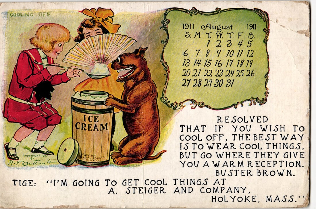 R.F. Outcault Buster Brown Ice Cream Ad for A. Steiger Co. Holyoke, MASS. August 1911 Postcard (1 of 2)