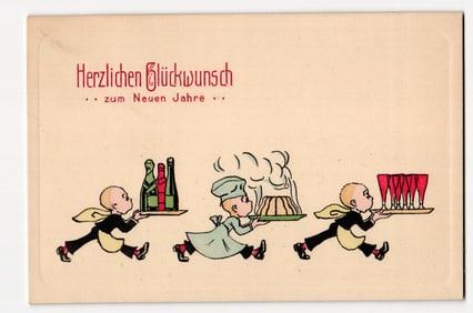 German "Herzlichen Glückwunsch zum Neuen Jahre" New Year Postcard with Serving Figures Illustration
