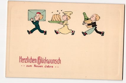 German New Year Postcard "Herzlichen Glückwunsch zum Neuen Jahre" with Three Illustrated Figures