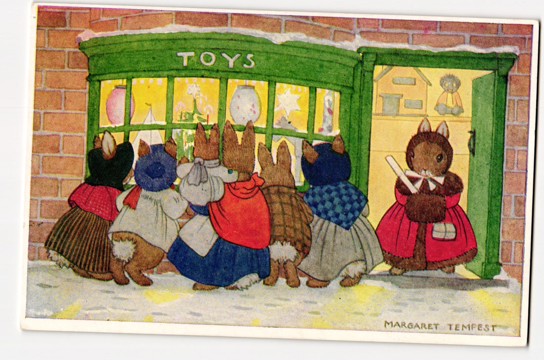 Illustrated Postcard: Margaret Tempest's 'The Toy Shop' Rabbits, Medici Society Ltd. London (1 of 2)
