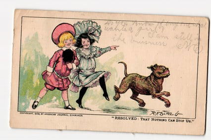 Buster Brown & Mary Jane with Tige, "Resolved: Nothing Can Stop Us!" Comic Postcard, 1905-1906