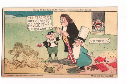 1906 Frederick Opper Postcard: Boy Accuses Others of Forced Clothes Swap to Teacher and Old Man