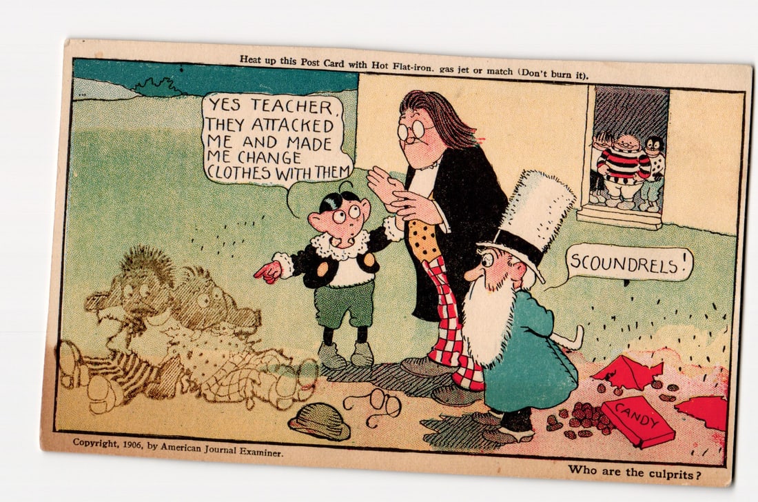 1906 Frederick Opper Postcard: Boy Accuses Others of Forced Clothes Swap to Teacher and Old Man: A color comic illustration by Frederick Burr Opper depicts a young boy, dressed in a dark jacket with a white ruffled collar and green pants, addressing a taller figure identified as "TEACHER" in the