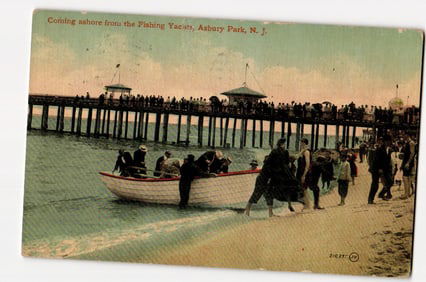 Asbury Park, N.J. People Coming Ashore from Fishing Yachts on Beach, Early 20th C. Postcard