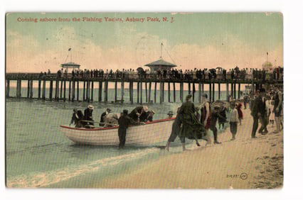 Asbury Park, N.J. People Coming Ashore from Fishing Yachts on Beach, Early 20th C. Postcard