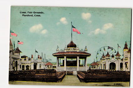 Conn. Fair Grounds, Hartford, Conn., featuring a central bandstand and fair attractions postcard
