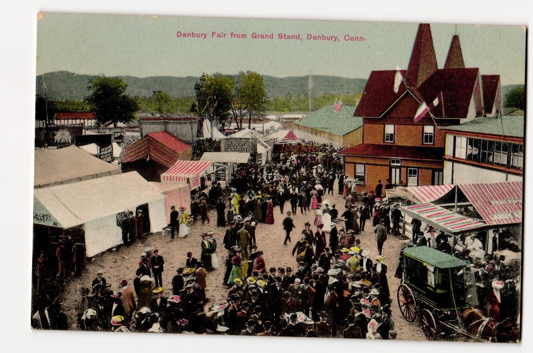 Danbury Fair from Grand Stand, Danbury, Connecticut, early 20th century fairground postcard.: High-angle colorized photographic view: Danbury Fair from the Grand Stand. A large crowd in early 20th-century attire (men in suits/hats, women in long dresses/hats) populates the scene. Numerous fair