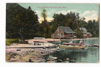 Lakeside View, Big Pond, Otis, Mass., with Boats and Houses, postmarked 1914 postcard