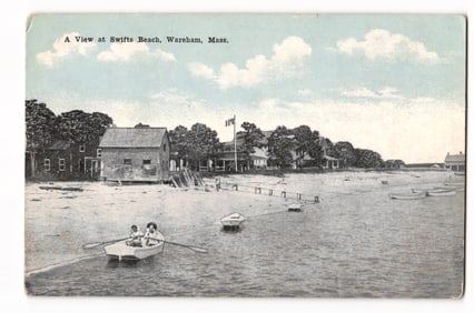 Swifts Beach, Wareham, Massachusetts, coastal scene with rowboats & houses, early 20th C. postcard