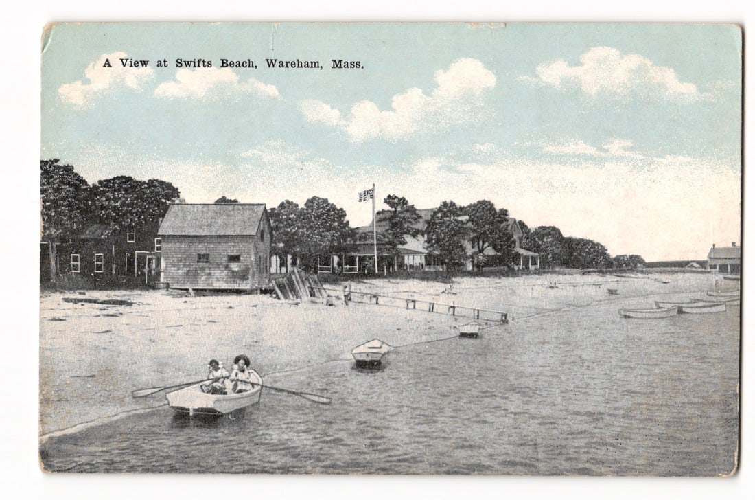 Swifts Beach, Wareham, Massachusetts, coastal scene with rowboats & houses, early 20th C. postcard (1 of 2)