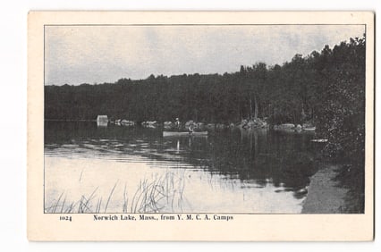 Norwich Lake, Mass., from Y. M. C. A. Camps, early 20th century scenic lake view postcard